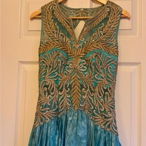Elegant Teal and Gold Embroidered Dress